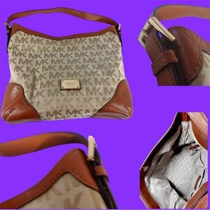 Vintage Michael Kors Millbrook Brown Leather & Jacquard Fabric Shoulder Bag EUC